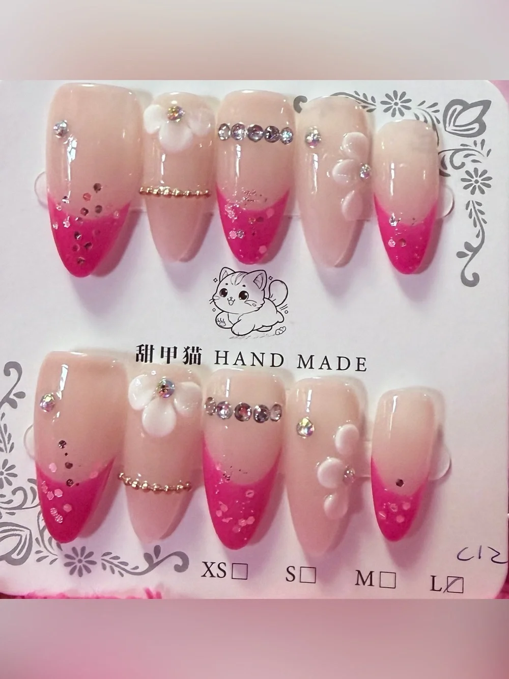 Hand Made Pink Floral Crystal False Nail Set